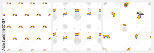 A set of seamless patterns on the LGBTQ theme. Vector illustration with LGBTQ symbols. Rainbow stickers, digital paper, wrapping paper. Happy pride - background.