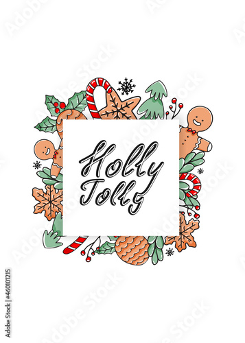Holly Jolly vertical greeting card. Christmas postcard with doodle design elements and lettering. Vector illustration in hand drawn style