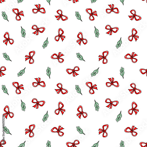 Seamless pattern with a red bow and a twig on a white background. Vector endless texture for festive design in handdrawn style