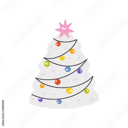 A Christmas tree with a rainbow garland. Vector illustration of a Christmas tree isolated on a white background. A simple flat icon. Happy pride month.