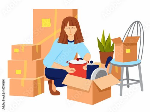A smiling girl puts the pot in the cardboard box. A woman takes a pot out of a drawer. Packaging boxes are standing nearby. Moving to a new home. Vector illustration in flat style.