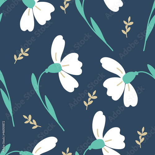 vector seamless floral pattern, spring flowers white crocuses on blue background