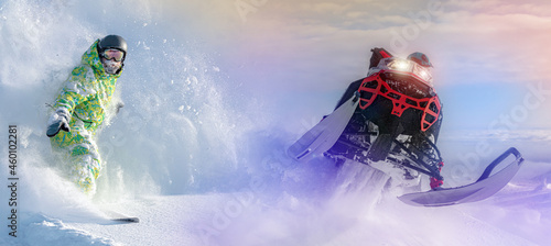 freeriders are snowboarders and snowmobilers. advertising of winter extreme sports. the concept of ski resorts and the mecca of snowmobile tourism