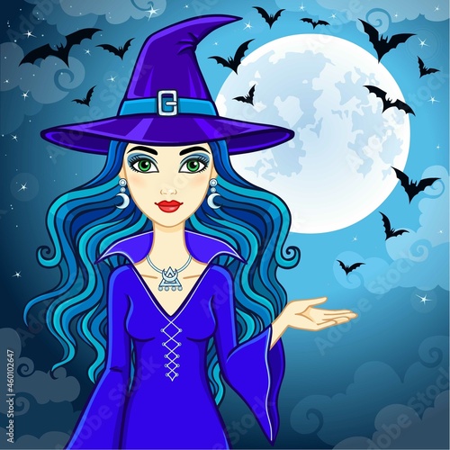 Animation cute witch in a hat on a background of the night sky and the moon. Vector illustration