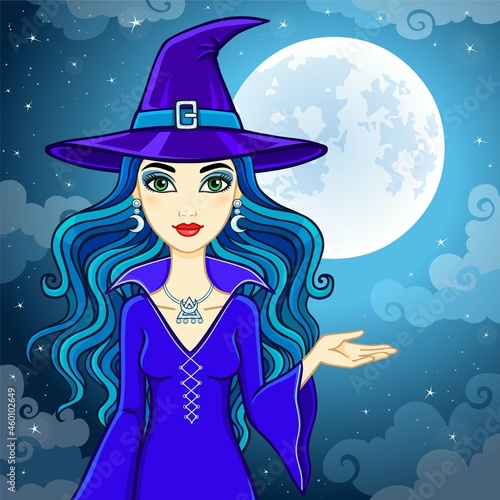 Animation cute witch in a hat on a background of the night sky and the moon. Vector illustration
