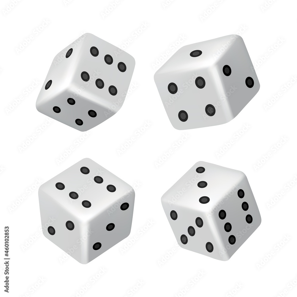 Dice - realistic white cubes with random numbers of black dots or pips and rounded edges. Vector game cubes isolated. Isolated 3d objects for hobbies Dice - realistic white cubes with random numbers of black dots or pips and rounded edges. Vector game cubes isolated. Isolated 3d objects for hobbies