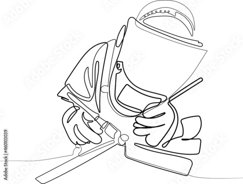 Male in face mask welds with argon arc welding. Welder mounts in the trunk pipeline electrochemical protection. Vector illustration