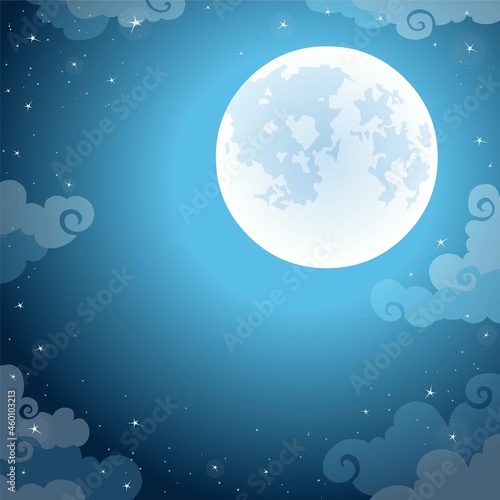 Animation background - the night star sky, the moon, clouds. Vector illustration. The place for the text.