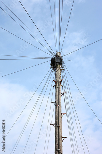 Abstract shot of phone line cables and telegraph pole.