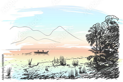 Sketch of lake scenery with fishing boat, jungle, and mountains, Hand drawn vector illustration on watercolor background