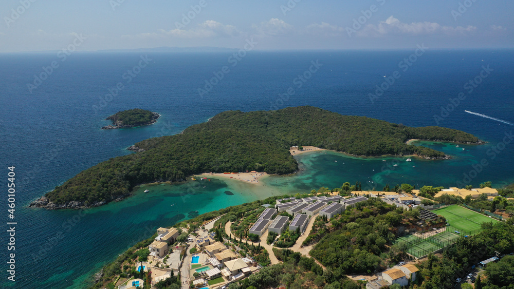 Aerial drone photo of iconic Sivota complex islands consisting of Mourtos island, Mourtemeno and Agios Nikolaos with turquoise clear sandy beaches and popular resorts, Thesprotia, Epirus, Greece