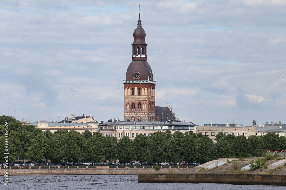 Old Riga Cityscape view of church tower.