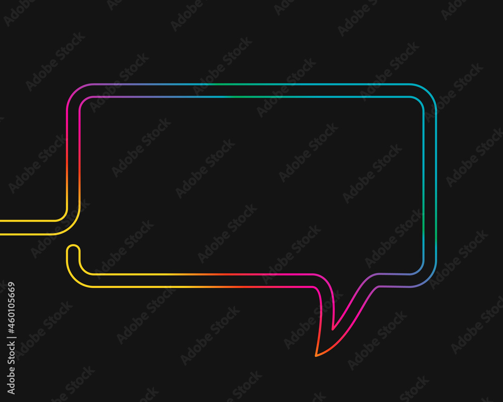 One line drawing of rectangular speech bubble, Rainbow colors on black background vector minimalistic linear illustration made of continuous line