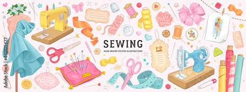Vector hand drawn sewing retro set. Collection of highly detailed hand drawn sewing tools isolated on background 