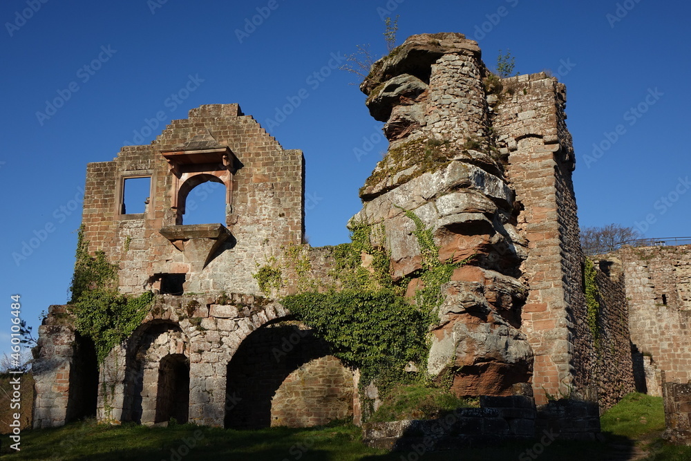 Historic ruin Neuscharfeneck under a blue spring sky, Pfälzer Wald near Ramberg, Rhineland Palatinate, Germany