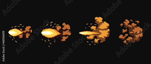 Gun flashes or gunshot animation. Fire explosion effect during the shot with the gun. Cartoon flash effect of bullet start. Shotgun fire, muzzle flash and explode