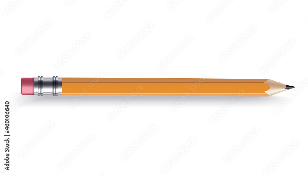 Sharpened wooden pencil with rubber eraser. Color cartoon icon. Realistic isolated item on white background, vector illustration Sharpened wooden pencil with rubber eraser. Color cartoon icon. Realistic isolated item on white background, vector illustration