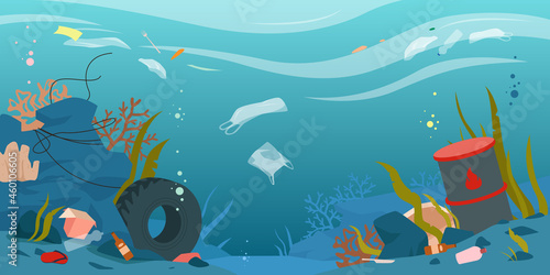 Cartoon dirty underwater landscape with pollution, plastic bottle and bag, paper packaging environmental damage background. Ocean, sea or river water polluted with garbage waste vector illustration