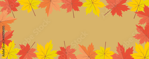 Colourful maple leaves on brown background. Autumn banner concept. Illustration template for autumn banner sale, card, ad, poster, frame, leaflet. Space for the text. Design style.