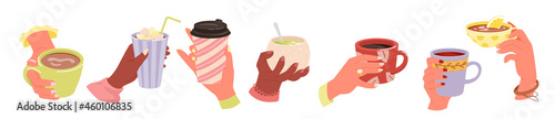 Cartoon hand holding mug of warm beverage, morning espresso or chocolate with marshmallow isolated on white.Hands hold coffee or tea cup set, people with cafe take away hot drink vector illustration