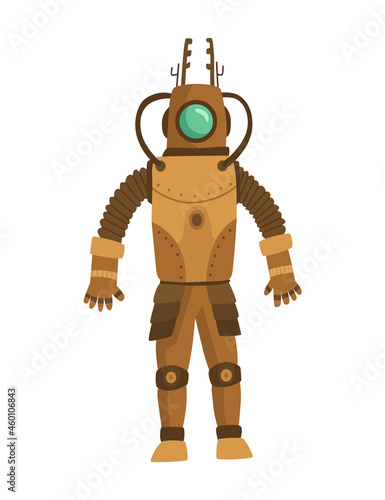 Steampunk fashion technology, fantasy vintage illustration with cartoon man in steampunk robot costume. Steam punk invention. People character with mechanical element