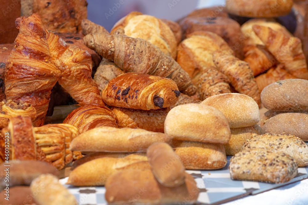 close-up of a group of freshly baked and delicious looking breads and pastries