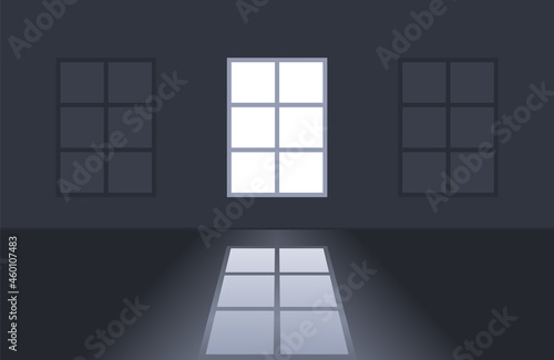 Light from window in empty dark room, outside. Bright window shadow on the floor. Flat vector illustration on black background