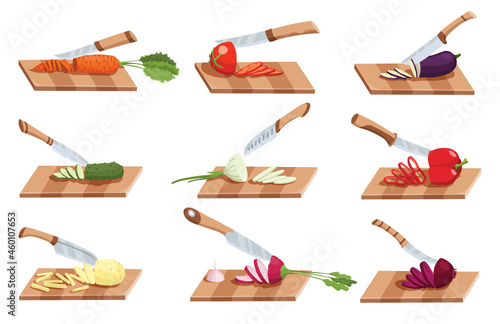 Collection of sliced vegetable. Slicing by knife. Cutting on wooden board isolated on white background. Prepare to cooking. Chopped fresh nutrition in cartoon flat style