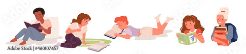 Cartoon girl boy character study, school child reading open paper story book from library, cute little students love literature isolated on white