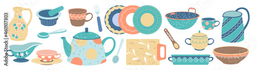 Cartoon fork tools and cup, dish bowl, plate with cute pattern for family dinner. Vintage kitchenware, cutlery to cook food in home kitchen vector