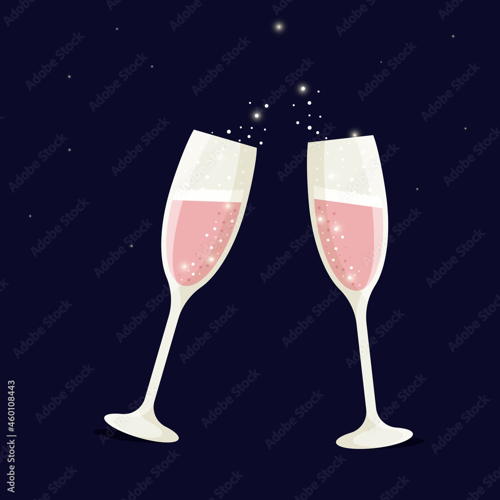 Vettoriale Stock Champagne glasses in pink on a dark background. Party,  Christmas. Birthday party. | Adobe Stock