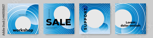 Blue social media set layouts, instagram and facebook templates with circular design elements, place for photos, white circle elements, clean and editable square banners
