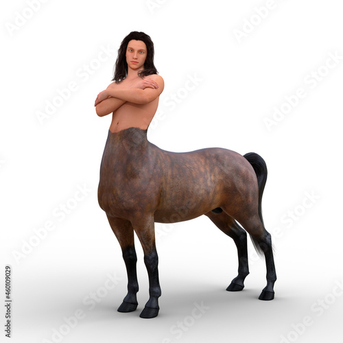 3D rendering of a centaur half man, half horse mythical creature standing with arms folded isolated on a white background. photo