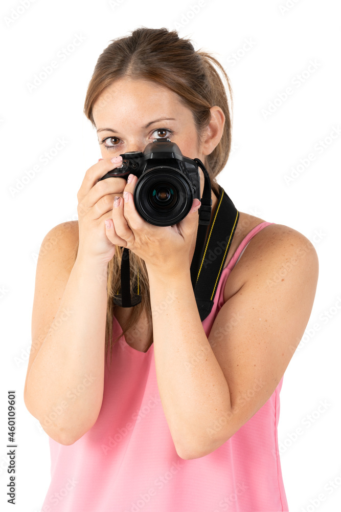 A woman with a black camera isolated on a white background A woman with a black camera isolated on a white background