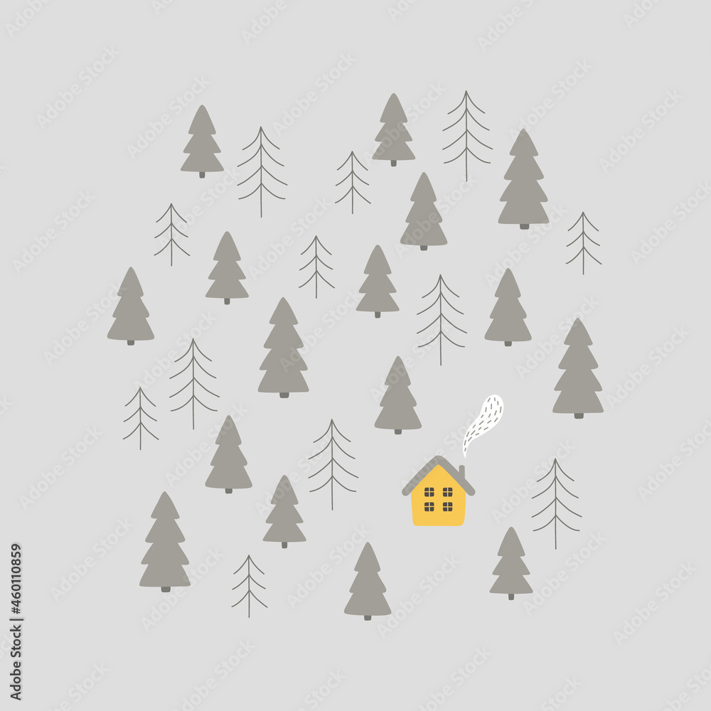 Vector winter forest composition - house, spruce, pine