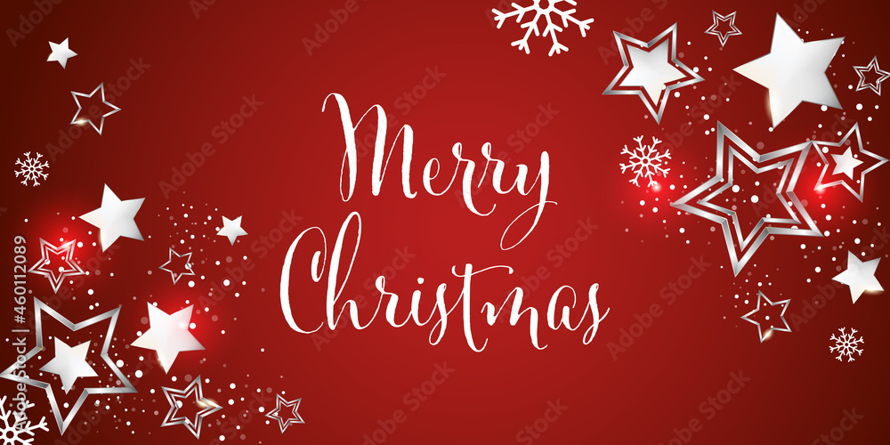 White Pearl iridescent stars on a red background - Merry Christmas and Happy New Year banner White Pearl iridescent stars on a red background - Merry Christmas and Happy New Year banner