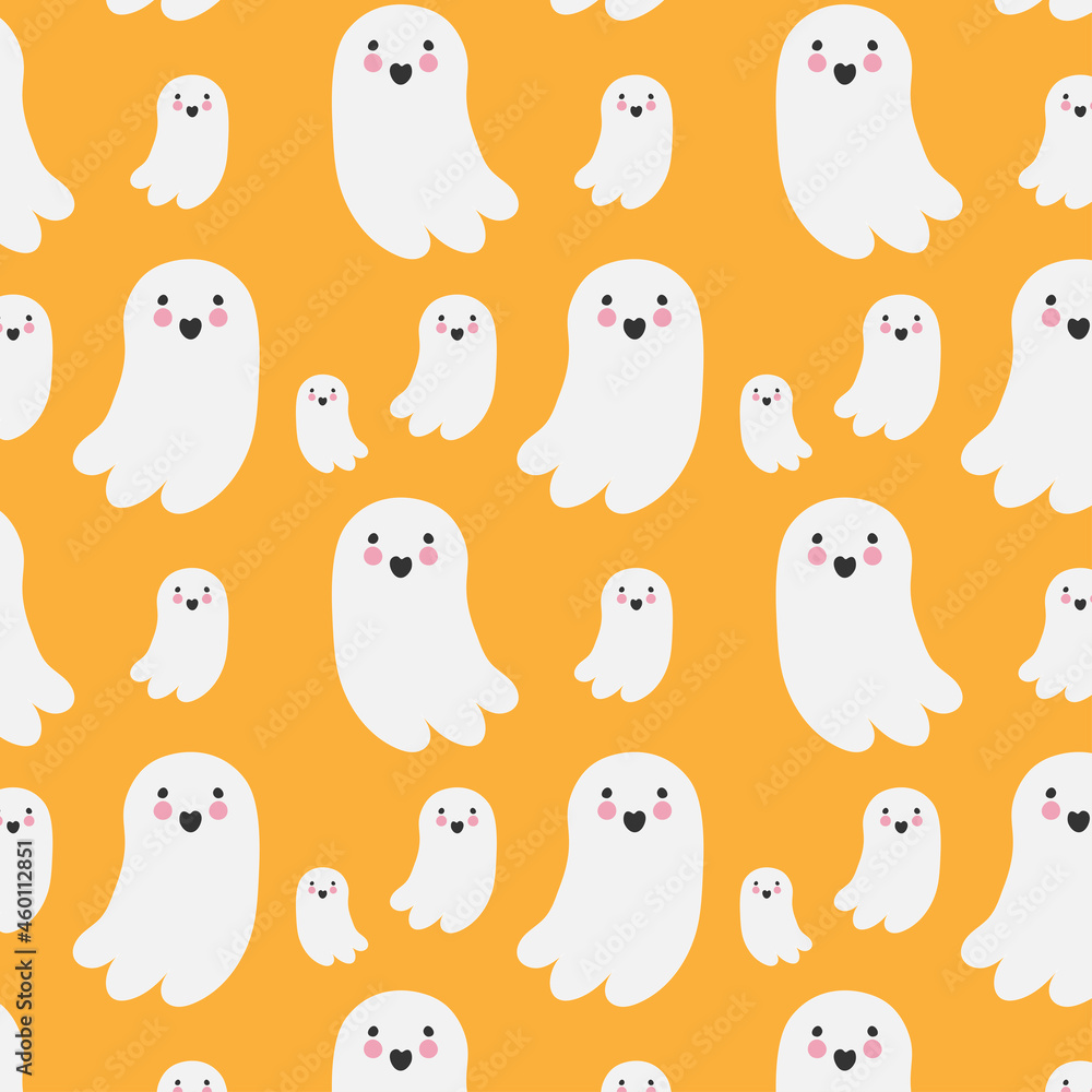 Naklejka premium Halloween ghost seamless pattern background. Holidays cute ghost cartoon character vector illustration.