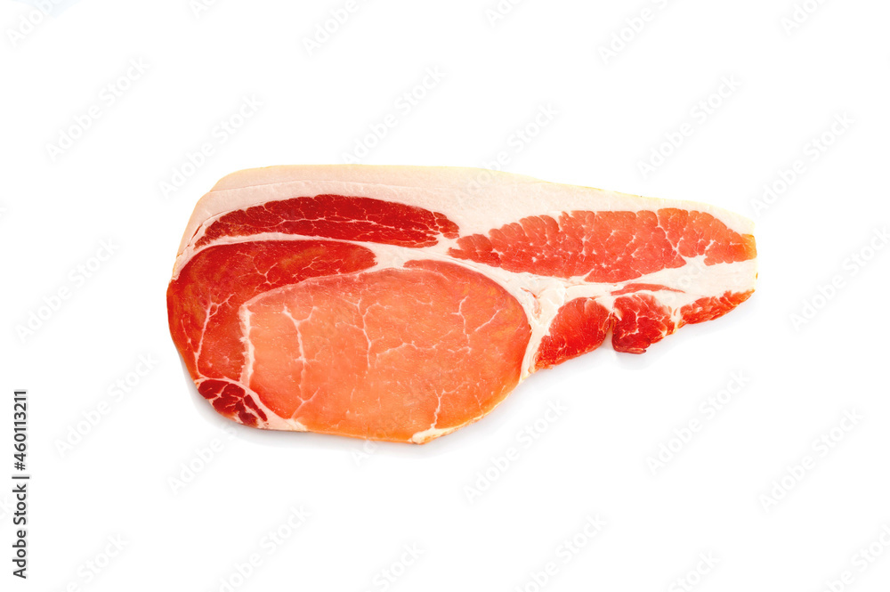 One raw uncooked slice of bacon isolated on white background One raw uncooked slice of bacon isolated on white background