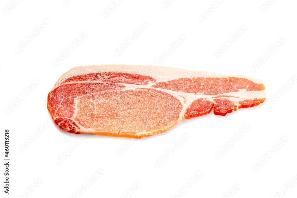 One raw uncooked slice of bacon isolated on white background One raw uncooked slice of bacon isolated on white background