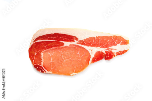 One raw uncooked slice of bacon isolated on white background