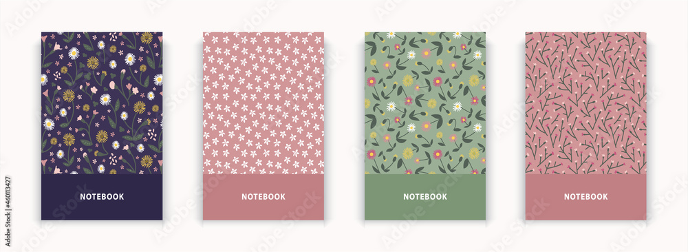 Collection 4 flowers notebook cover design page repeat pattern. pink green blue