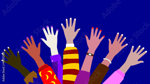 Diverse young people hands on isolated background. Teenager hand group with raised arm for celebration or friend community concept. Flat cartoon illustration of men and women arms.