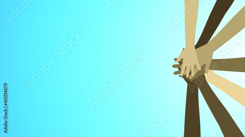 Hands of diverse group of people putting together. Concept of community, support, partnership, teamwork, social movement, friendship and cooperation. Flat cartoon vector illustration