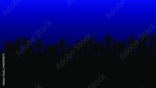 Waving hands on rising sun background vector illustration. Friendship, volunteer, greeting and acquaintance flat concept, hands in a welcoming pose. Raised arms on orange background.