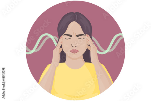 Woman with headache from loud noises and music. The negative impact of microwaves, wifi, 5G on humans. Cartoon style icon of a lady suffering from noise.