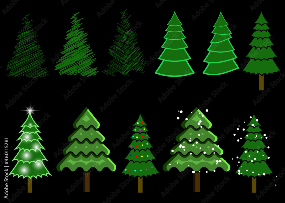 Obraz premium Collection of Christmas fir trees, different forms of Christmas trees, snowy. ideal for Christmas compositions, stickers and landscapes