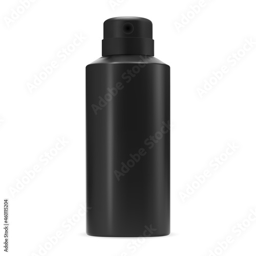 Black deodorant spray bottle isolated vector blank. Aluminum antiperspirant can template. Aerosol sprayer freshener tin, men cosmetic illustration. Antiperspirant tube illustration