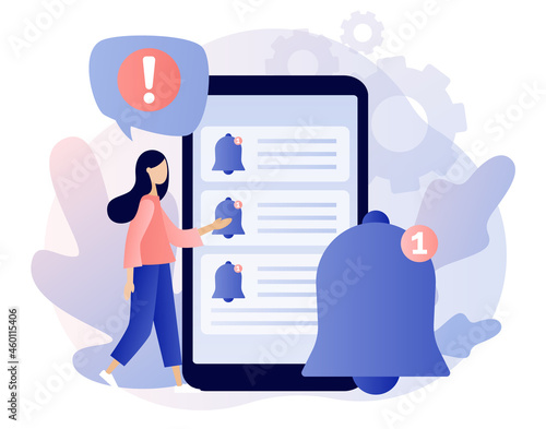 Notifications. Ring bell as reminder pop up. Tiny woman get chat messages notification in smartphone app. Modern flat cartoon style. Vector illustration on white background