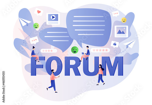 Forum concept. Internet chat messages, dialog, conversation in social media, online networking. Tiny people communication in community group. Modern flat cartoon style. Vector illustration