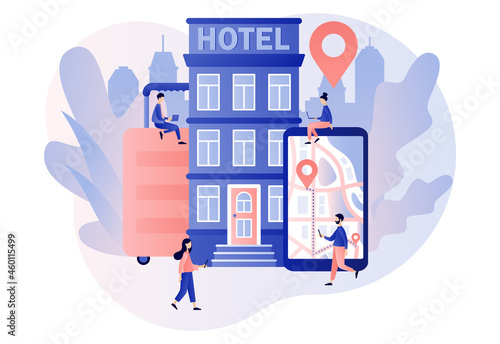 Booking hotel online. Tiny people search, choose and reservation hotel or apartment. Tourist and business trip. Modern flat cartoon style. Vector illustration on white background